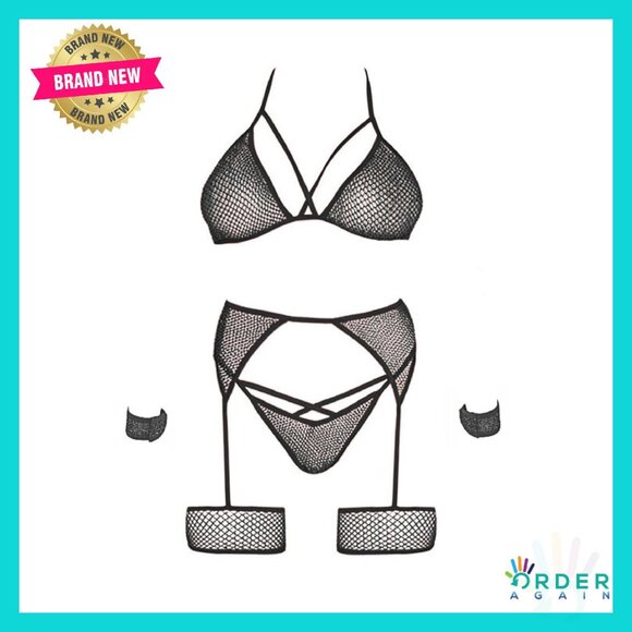 Shimmer Fishnet Lingerie Set Bralette Thong Garter Wrist Ties Seductive